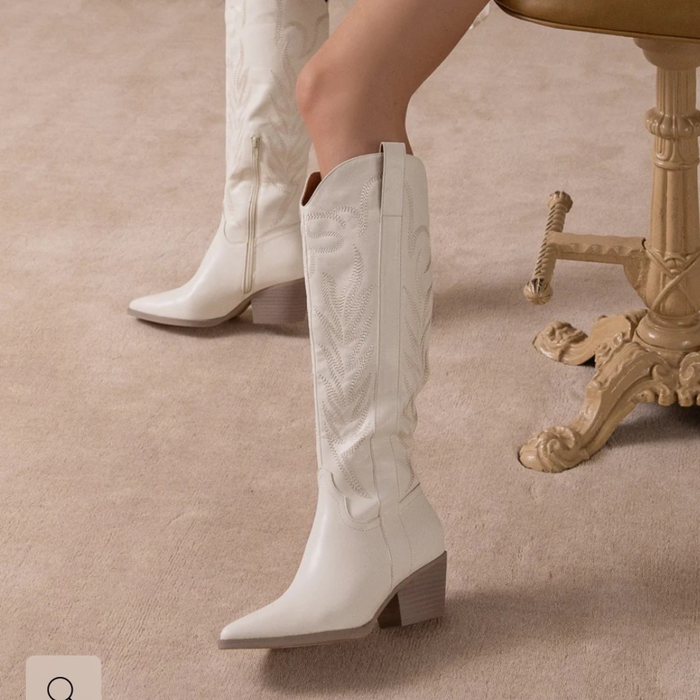 White Knee High Cowboy Boots - OASIS SOCIETY